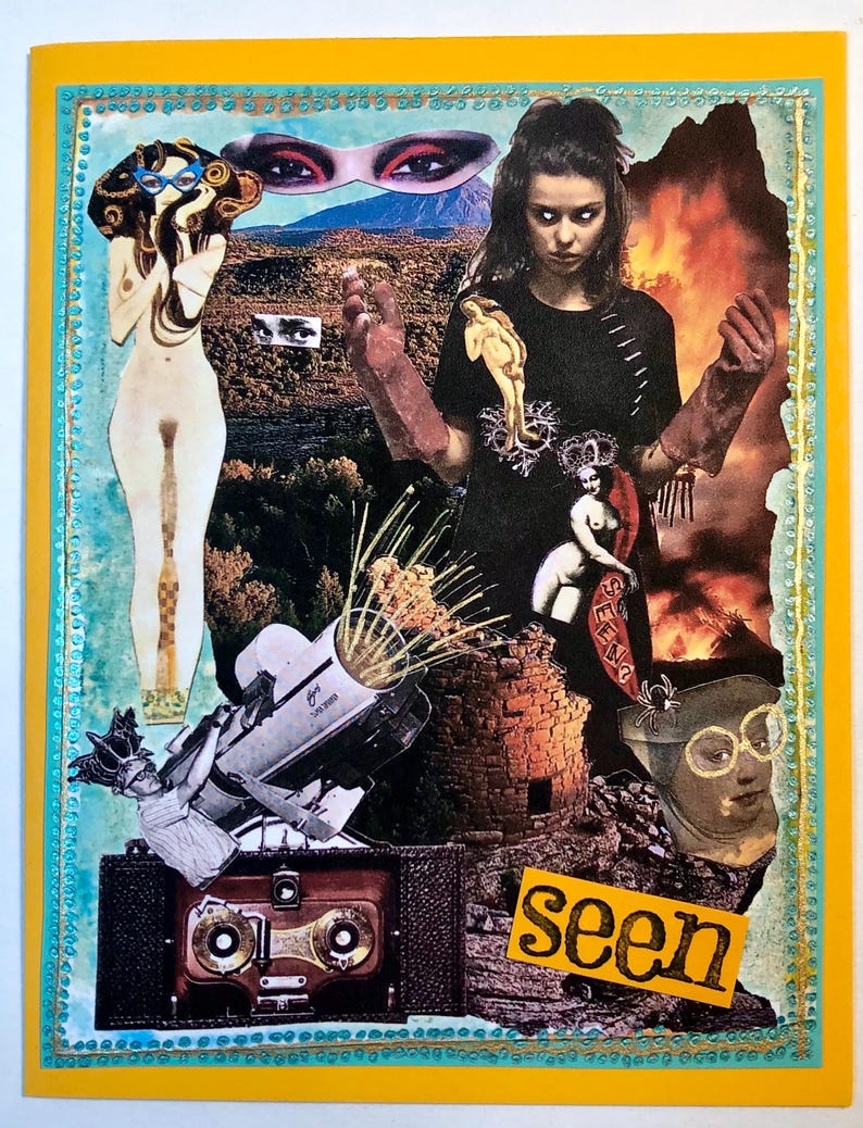 Puede incluir: Un collage de t&eacute;cnicas mixtas sobre un fondo amarillo con un borde turquesa. El collage presenta varias im&aacute;genes recortadas, incluyendo una mujer, una torre, un telescopio y la palabra "seen" en un rect&aacute;ngulo amarillo.