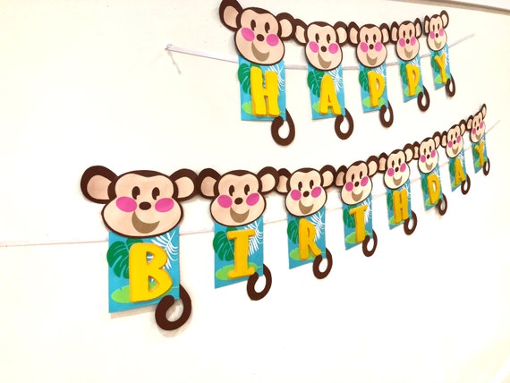 Monkey banner, monkey birthday, cute monkey first birthday, safari celebration, forest decoration, One year birthday, monkey name wall decor Il_570xn
