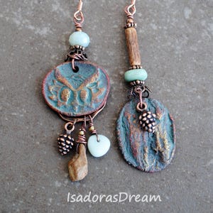 Asymmetrical Dangle Earrings: Artisan Ceramic, Czech Glass, Wood