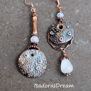 Asymmetrical Mismatched Earrings: Artisan Porcelain, Aquamarine, Sari Silk