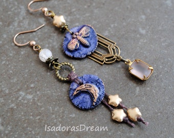 Boucles d'oreilles asymétriques, boucles d'oreilles dépareillées, boucles d'oreilles artisanales, boucles d'oreilles bohèmes rustiques organiques, bijoux d'automne, boucles d'oreilles fantaisie, art nouveau