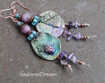 Leaf Artisan Ceramic Earrings Organic Primitive Gypsy Bohemian earrings, Boho Rustic Earrings, Seed Pod Earrings, Wabi Sabi Earrings