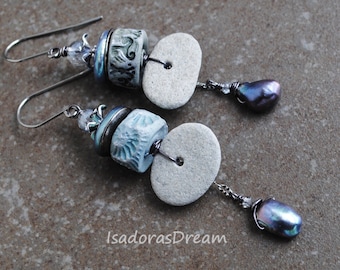 Ocean Treasures Artisan Ceramic Earrings Organic Primitive Gypsy Bohemian earrings, Boho Rustic Earrings, Sea Earrings, Wabi Sabi Earrings