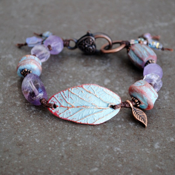 Leaf Boho Bracelet, Artisan Ceramic bracelet, Beaded bracelet, Bohemian jewelry, clay Boho bracelet  Amethyst, Crystal bracelet OOAK