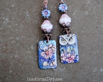 Owl, Romantic Bohemian Enameled Copper Earrings Mismatched Earringс Artisan Copper earrings  Earrings Boho earrings