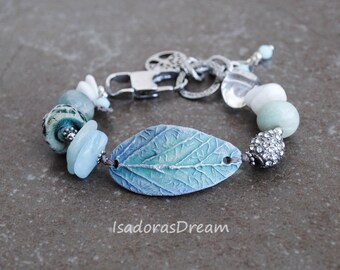 Leaf Artisan Ceramic bracelet, Beaded bracelet, Bohemian jewelry, hand knotted Boho bracelet Aventurine lampwork porcelain OOAK