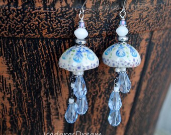 Fairy Garden, Long Chandelier Earrings Artisan Ceramic Earrings Organic Primitive Gypsy Bohemian earrings, Boho Rustic Earrings