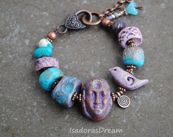 Artisan Ceramic bracelet, Beaded bracelet, Bohemian jewelry, hand knotted Boho bracelet Amethyst lampwork porcelain OOAK