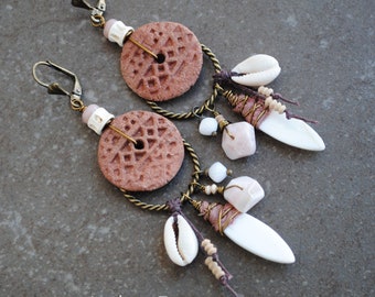 Amulet, Talisman Long Chandelier Earrings Artisan Ceramic Earrings Organic Primitive Gypsy Bohemian Boho Rustic Tribal Earrings