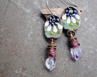 Raw Amethyst, Enameled Copper Earrings, Artisan Rustic Earrings, Boho earrings, Long Dangle Earrings, Poetic Bohemian earrings, Flower