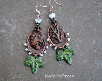 Ivy, Tree Bark, Artisan Ceramic Earrings Organic Gypsy Bohemian earrings, Boho Rustic Asymmetrical Earrings, Wabi Sabi Earrings
