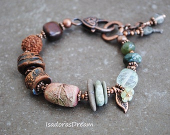 Meditation Garden Artisan Ceramic bracelet, Beaded bracelet, Bohemian jewelry, hand knotted Boho bracelet Aventurine lampwork porcelain OOAK