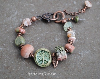 Tree Boho Bracelet, Artisan Ceramic bracelet, Beaded bracelet, Bohemian jewelry, clay Boho bracelet Unakite, Crystal bracelet OOAK