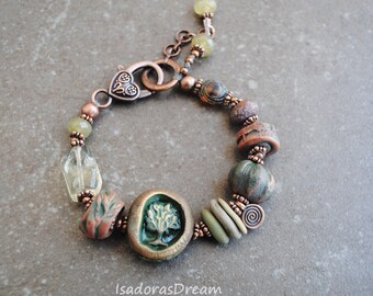 Bracelet en céramique artisanale de jardin de méditation, bracelet de perles, bijoux bohèmes, bracelet bohème noué à la main, porcelaine aventurine au chalumeau OOAK