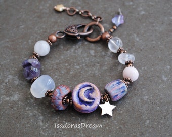 Crescent Moon Artisan Ceramic bracelet, Beaded bracelet, Bohemian jewelry, hand knotted Boho bracelet Aventurine lampwork porcelain OOAK