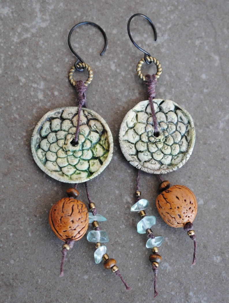 Seed Pod Earrings Wallnut Earrings Boho Rustic Asymmetrical Earrings Artisan Ceramic Earrings Organic Primitive Gypsy Bohemian earrings