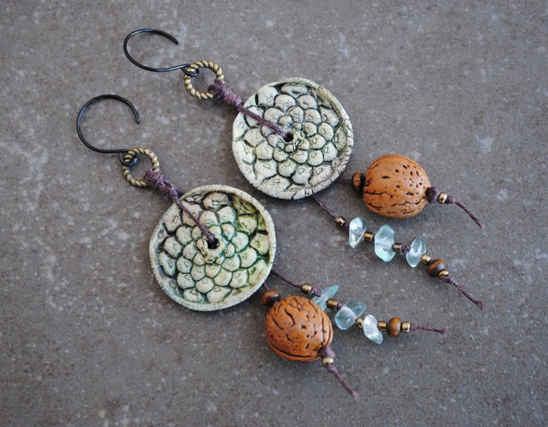 Seed Pod Earrings Wallnut Earrings Boho Rustic Asymmetrical Earrings Artisan Ceramic Earrings Organic Primitive Gypsy Bohemian earrings