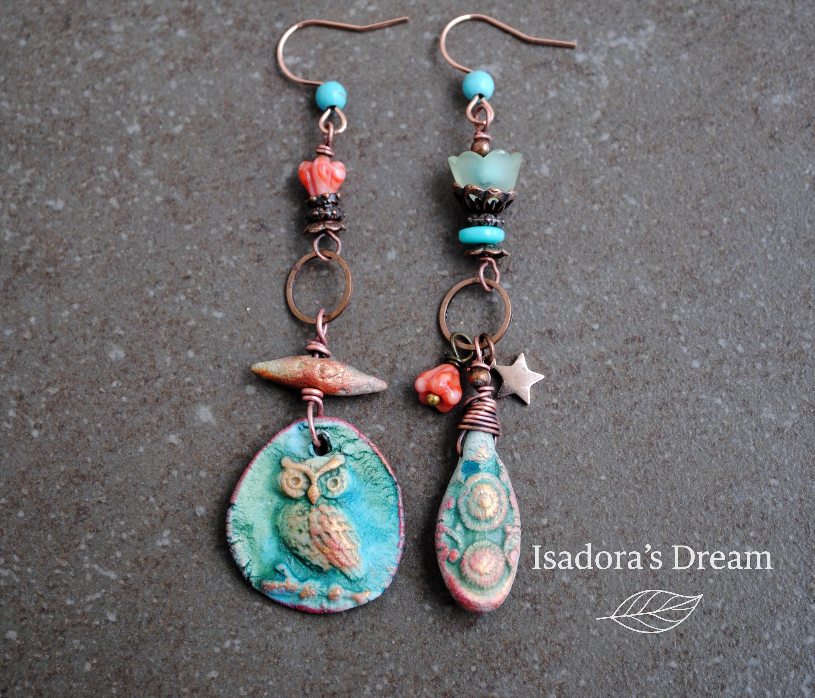 Asymmetrical Ceramic Owl Earrings: Copper, Turquoise, Coral - Woodland Boho Jewelry