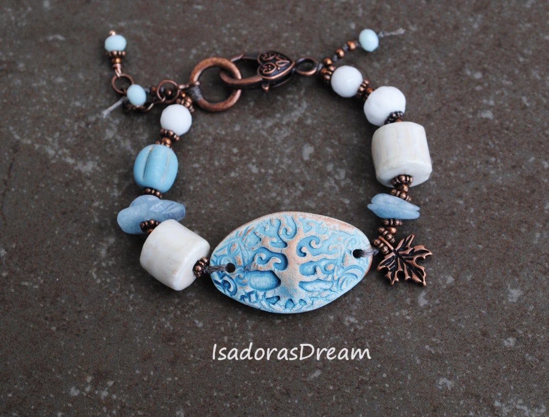 Tree of Life Ceramic Boho Bracelet: Aquamarine Agate Beaded Jewelry - Etsy
