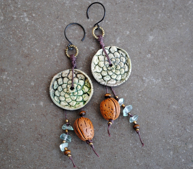 Seed Pod Earrings Wallnut Earrings Boho Rustic Asymmetrical Earrings Artisan Ceramic Earrings Organic Primitive Gypsy Bohemian earrings