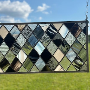 Custom Black White Clear Diamond Stained Colored Glass Window Transom Panel Hanging