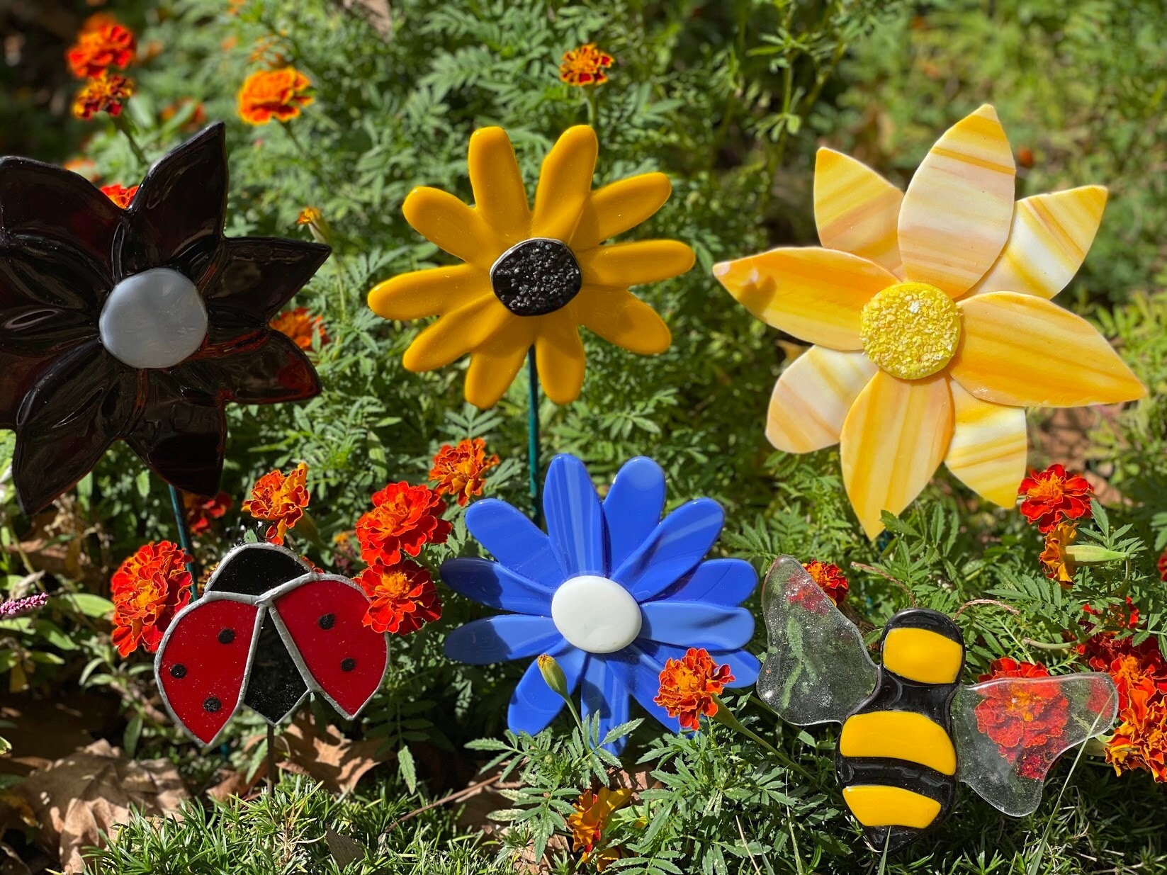 Stained Glass Flower Garden Stakes, Fused Glass Garden Stakes