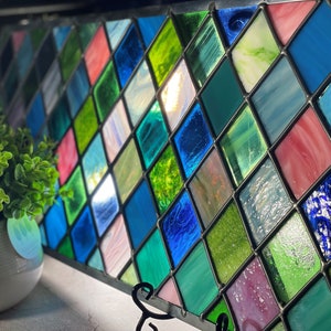 Custom Pink, Blue, Green Diamond Stained Colored Glass Window Transom Panel Hanging