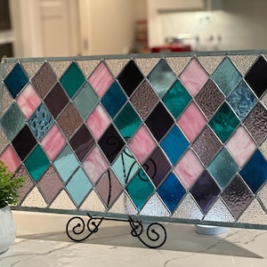 Custom Pink, Blue, Purple and clear Diamond Stained Colored Glass Window Transom Panel Hanging
