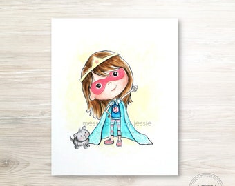 Super Hero Girl, Super hero illustration, Children's Wall Art, Art for girls room, Kids Wall Art, Art for Superhero, Blue, Pink