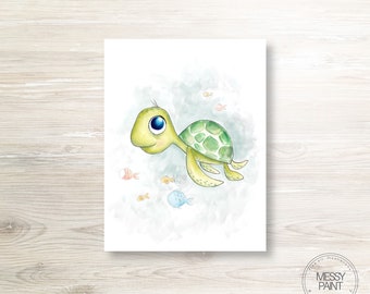 Baby Sea Turtle, Nautical Wall Art, Childrens Decor, Sea Life Art, Ocean, Underwater, Island Art