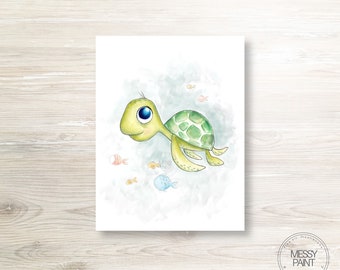 Baby Sea Turtle Watercolor Print, Nautical Childrens Decor