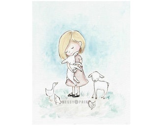 Farm Girl Illustration Print, Little Lamb, Children's Wall Art