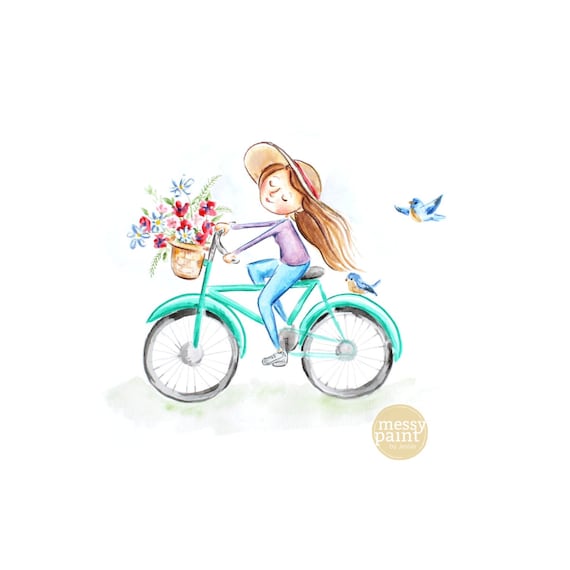 Girl With Flowers Girl Riding Bike Vintage Bike Girls Room Print Room Decor Bike Art Etsy Canada