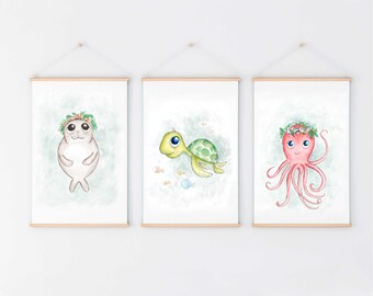 Sea Animal Prints Set of 3, Tropical Nursery Art