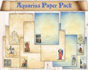 20 Pages Aquarius Zodiac Themed Book of Shadows Paper. Binder Refill Pages Download. Astrology Spellbook Illustrations. Printable Paper Pack