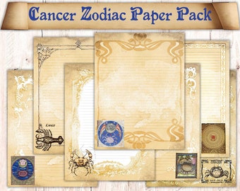 20 Page Cancer Zodiac Themed Book of Shadows Paper. Binder Refill Pages Download. Astrology Spellbook Illustrations. Printable Paper Pack