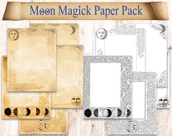 32 Digital Moon Phase Book of Shadows Sheets. Lunar Witch Journal Download. Vintage Celestial Spellbook Illustrations. Printable Paper Pack