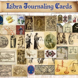 May include: A collection of Libra journaling cards with vintage illustrations. The cards feature images of scales, figures, and celestial designs in shades of beige, brown, and blue. The words "Libra Journaling Cards" are displayed at the top.