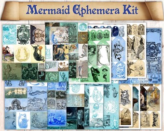 180 láminas imprimibles para diario de recortes de sirenas. Ilustraciones del elemento agua para grimorio/Libro de las Sombras. Tarjetas vintage para diario náutico.