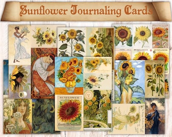 Elementos decorativos imprimibles de girasoles, tarjetas de diario con motivos florales vintage
