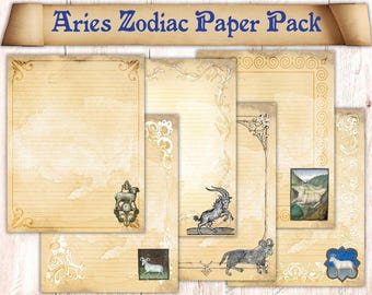 20 Pages Aries Zodiac Themed Book of Shadows Paper. Binder Refill Pages Download. Astrology Spellbook Illustrations. Printable Paper Pack