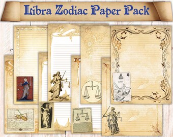 20 Pages Libra Zodiac Themed Book of Shadows Paper. Binder Refill Pages Download. Astrology Spellbook Illustrations. Printable Paper Pack