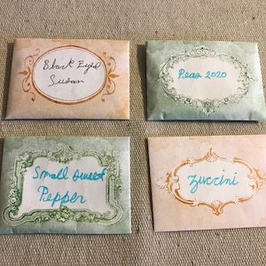 May include: Four small envelopes with handwritten labels. The labels are on a white background with a decorative border. The labels read "Black Eyed Susan", "Peas 2020", "Small Sweet Pepper", and "Zucchini".