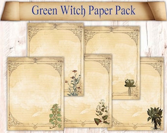 20 Pages of Green Witch Book of Shadows Paper. Binder Refill Pages Download. Vintage Botanical Spellbook Illustrations. Printable Paper Pack