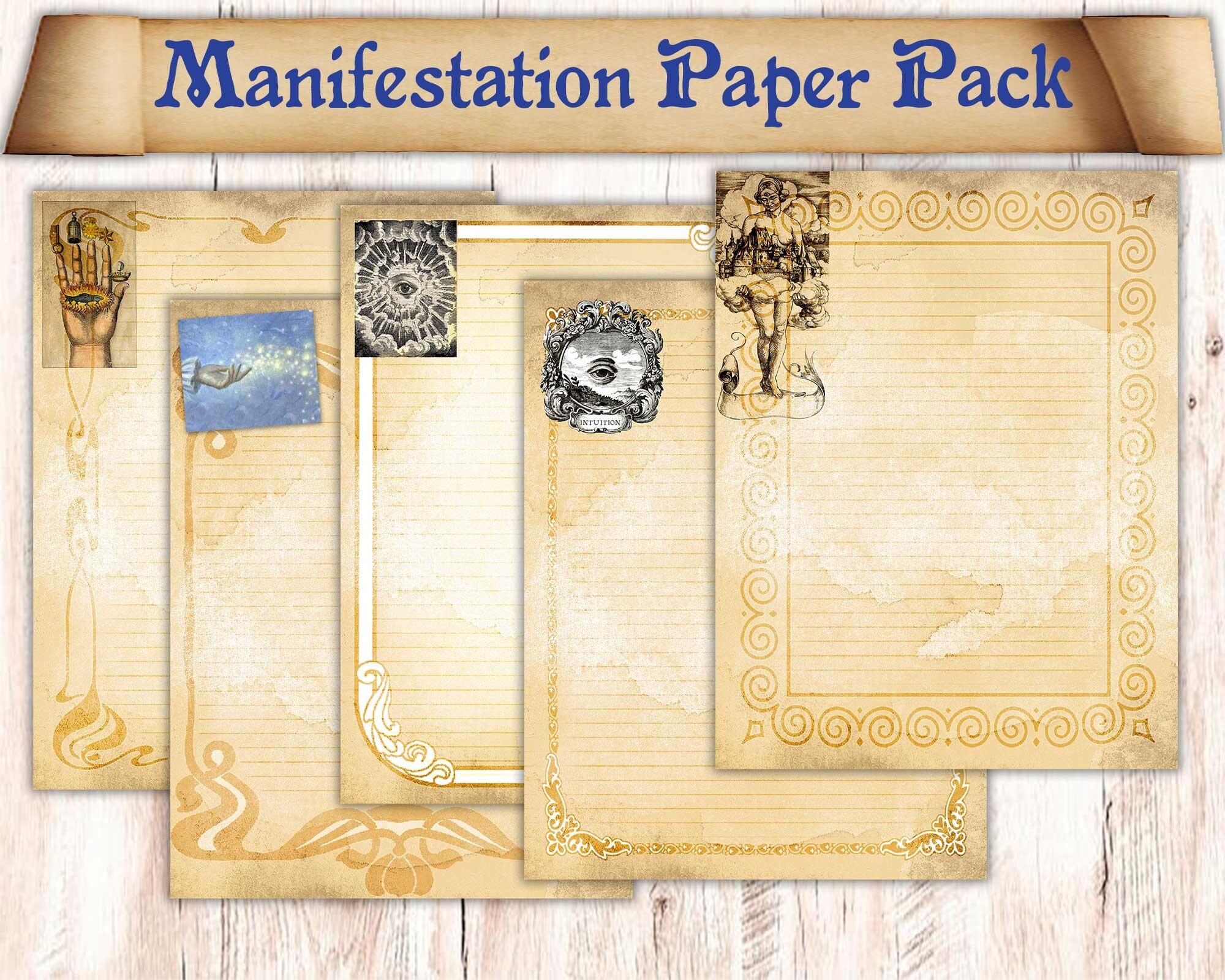 20 Pages of Manifestation Themed Book of Shadows Paper. Binder Refill Pages Download. Alchemy Spellbook Illustrations. Printable Paper Pack