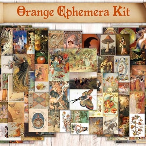 113 Printable Vintage Illustrations. Orange Junk Journaling Cards / Ephemera Art Images. Fairytale, faerie, witchy, alchemical pictures