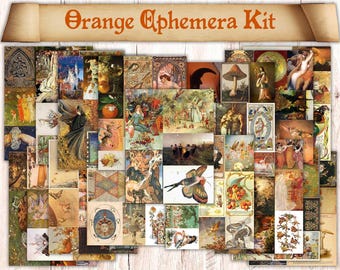 113 Printable Vintage Illustrations. Orange Junk Journaling Cards / Ephemera Art Images. Fairytale, faerie, witchy, alchemical pictures