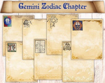 20 Pages Gemini Zodiac Themed Book of Shadows Paper. Binder Refill Pages Download. Astrology Spellbook Illustrations. Printable Paper Pack
