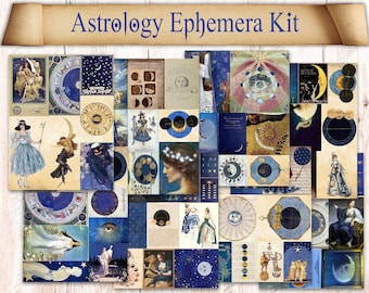 Può includere: Un collage digitale di illustrazioni ed ephemera vintage con temi celestiali e astrologici. Le immagini includono lune, stelle, costellazioni e corpi celesti in varie tonalità di blu, oro e bianco. Il collage è perfetto per l'artigianato, lo scrapbooking o per aggiungere un tocco di magia celeste ai tuoi progetti.