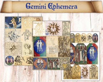 35 Printable Gemini Zodiac Themed Junk Journal Ephemera. Astrology Journaling Cards Illustrations  For Grimoire/ Book Of Shadows/ Spell Book